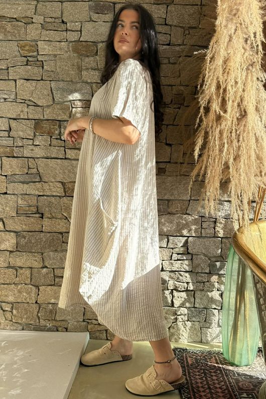 Salcombe Chalk Stripe Cotton Cocoon Dress Stone